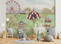 Watercolour carnival mural showing a teal carousel with painted horses in nursery., GD10184