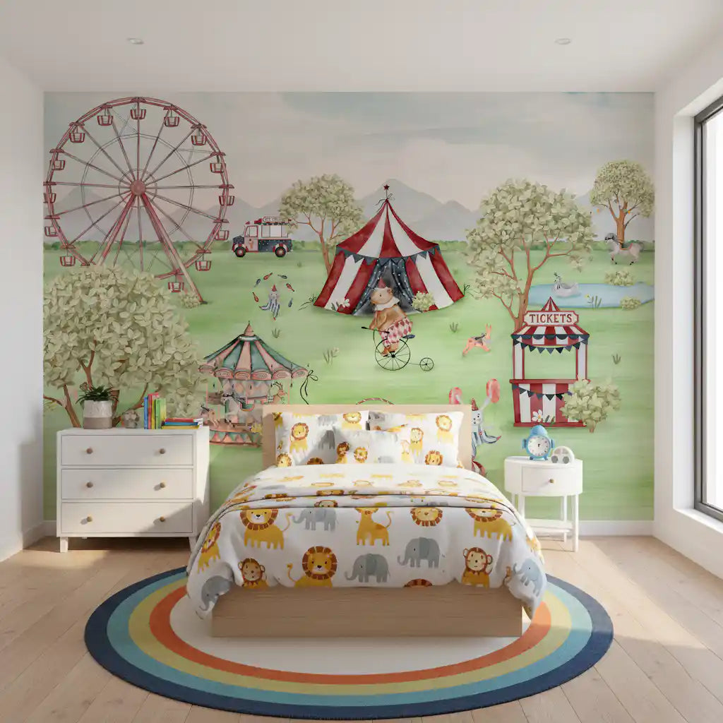 Carnival wall mural detail with a juggling clown beside the big top tent., GD10184