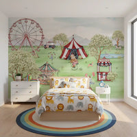 Carnival wall mural detail with a juggling clown beside the big top tent., GD10184
