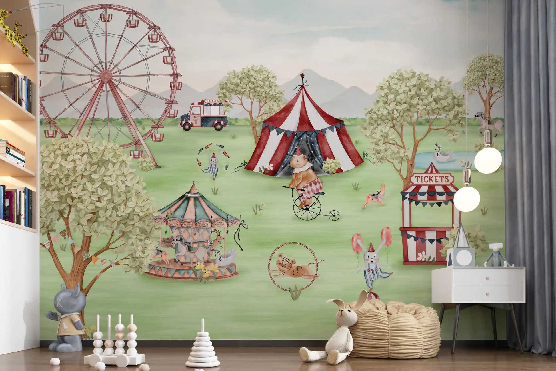 Carnival mural with a balloon-holding bunny and a red ticket boot., GD10184