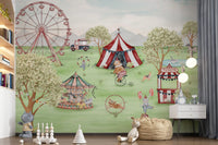 Carnival mural with a balloon-holding bunny and a red ticket boot., GD10184