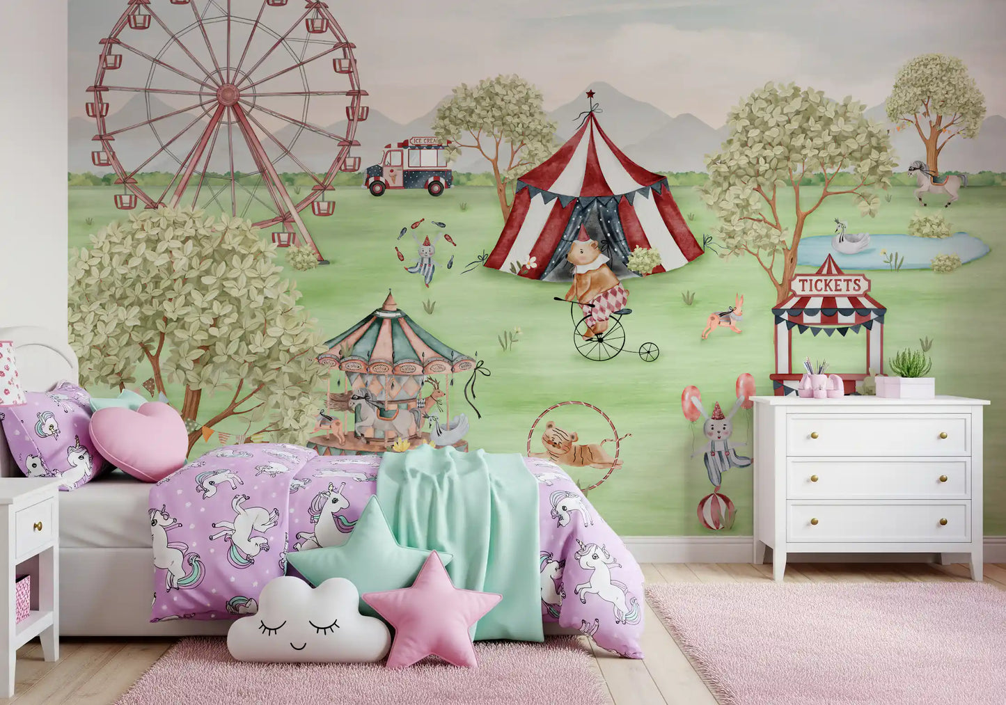 Bear on a vintage high-wheel bicycle in a whimsical carnival wall mural., GD10184