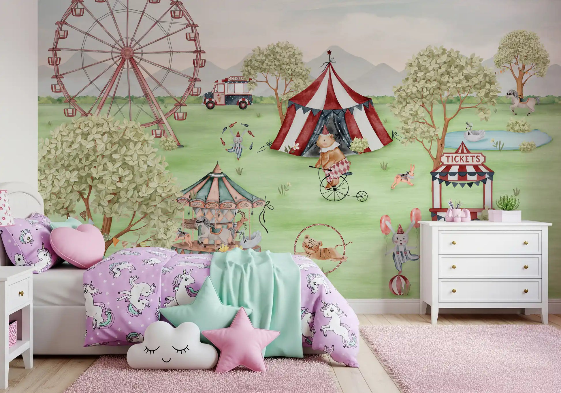 Bear on a vintage high-wheel bicycle in a whimsical carnival wall mural., GD10184