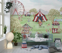 Carnival wall mural on a nursery feature wall with mountains behind., GD10184