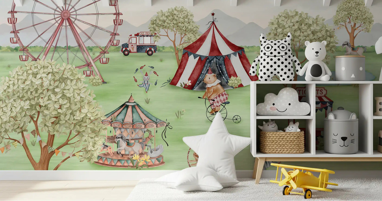 Whimsical meadow carnival wall mural with a striped big top tent and Ferris wheel in kids room.