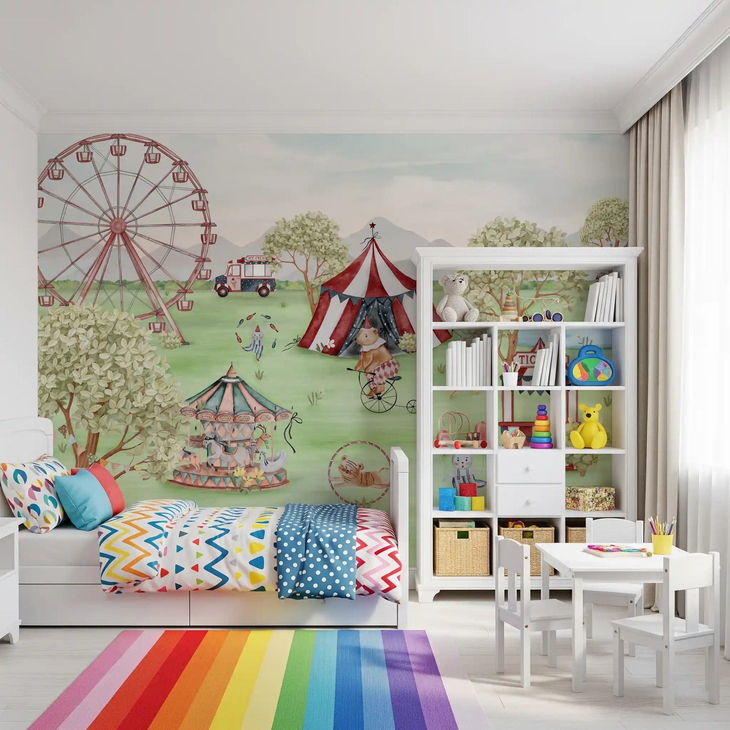 Dusty rose Ferris wheel on a soft green meadow carnival mural in kids bedroom., GD10184