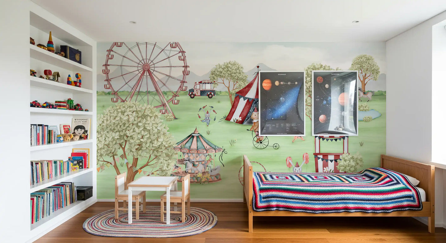 Carnival wall mural across a bedroom accent wall with a navy ice cream van., GD10184