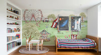 Carnival wall mural across a bedroom accent wall with a navy ice cream van., GD10184