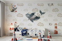 Small seagulls wall mural with striped sailor outfits flying between watercolor clouds., GD10185