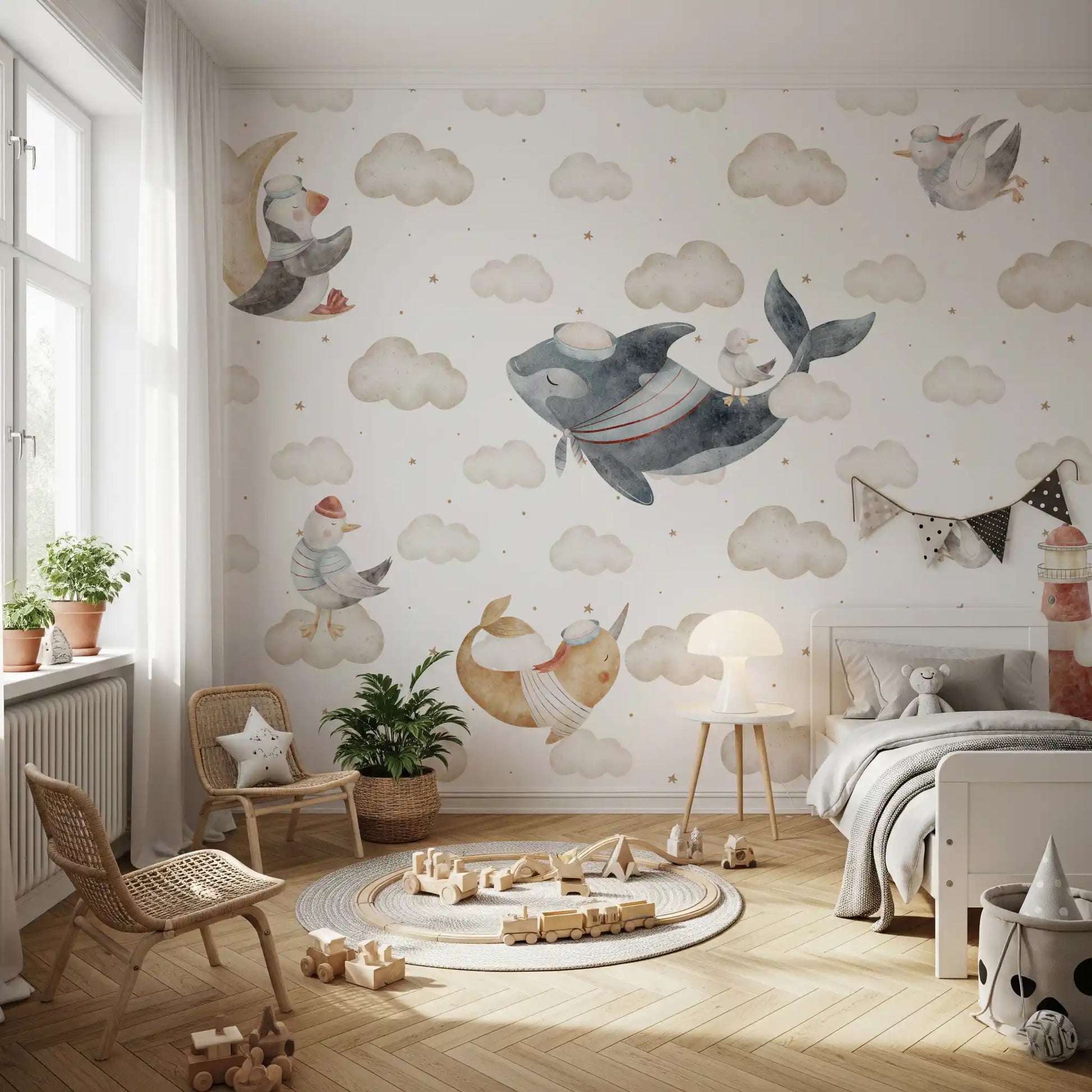 Nautical cloud dreams mural styled for a children's bedroom in muted tones., GD10185