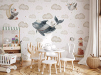 Repeating nautical pattern wall mural with sea animals, clouds and gold stars., GD10185