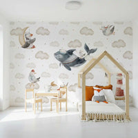 Soft beige clouds and tiny gold stars across a nautical kids wall mural in toddler room., GD10185
