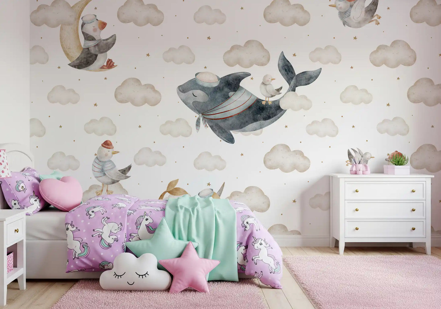 Nautical cloud dreams wall mural with a sailor whale and seagulls in girls bedroom., GD10185