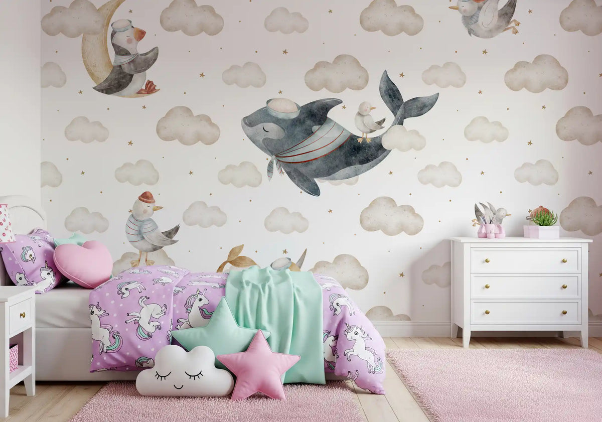Nautical cloud dreams wall mural with a sailor whale and seagulls in girls bedroom., GD10185