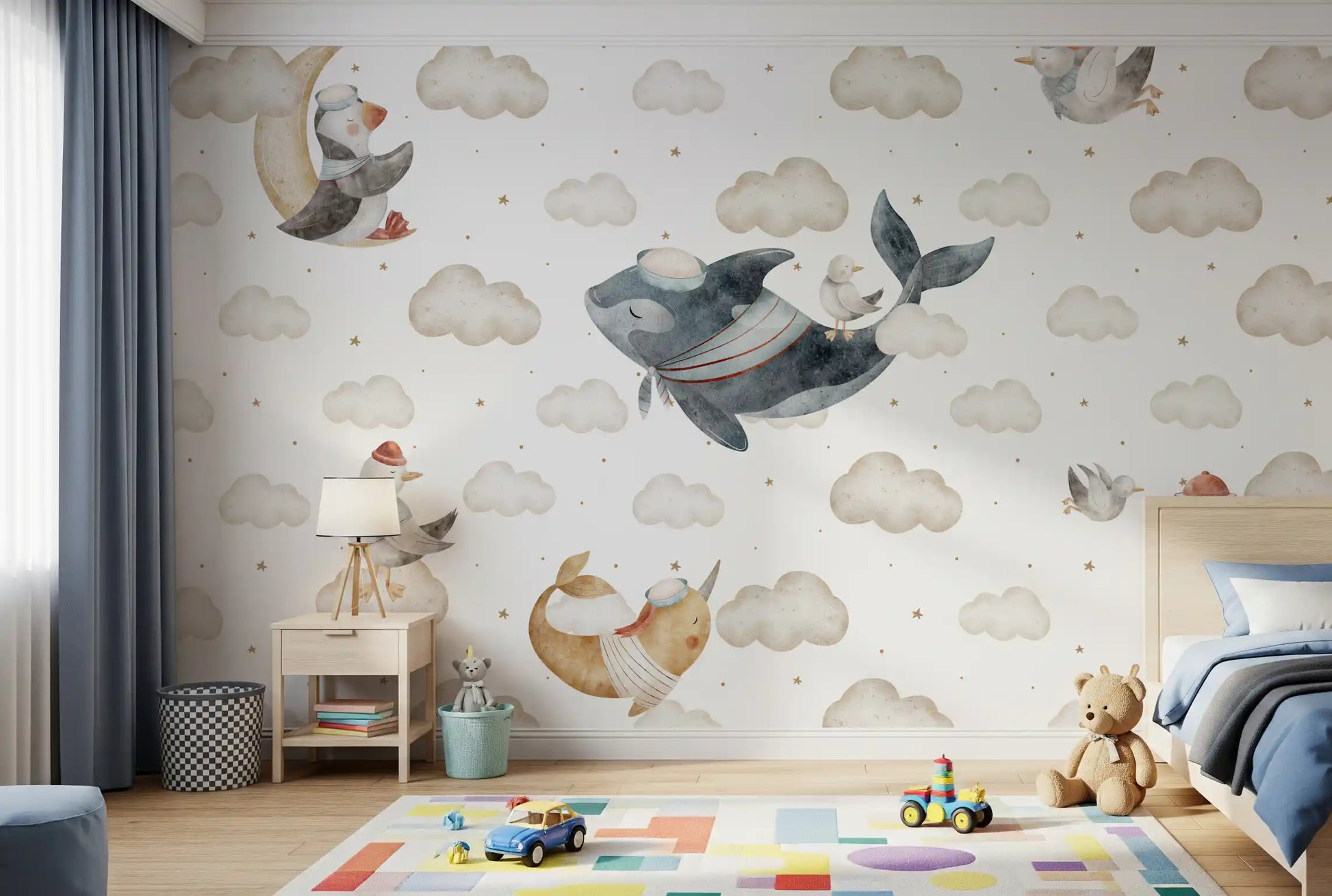 Watercolor mural showing a penguin in a sailor cap resting on a crescent moon., GD10185