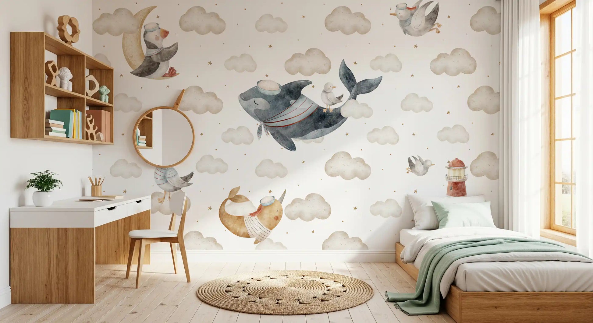 Nautical cloud mural in a kids bedroom with a whale, penguin and seagulls., GD10185