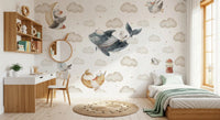 Nautical cloud mural in a kids bedroom with a whale, penguin and seagulls., GD10185