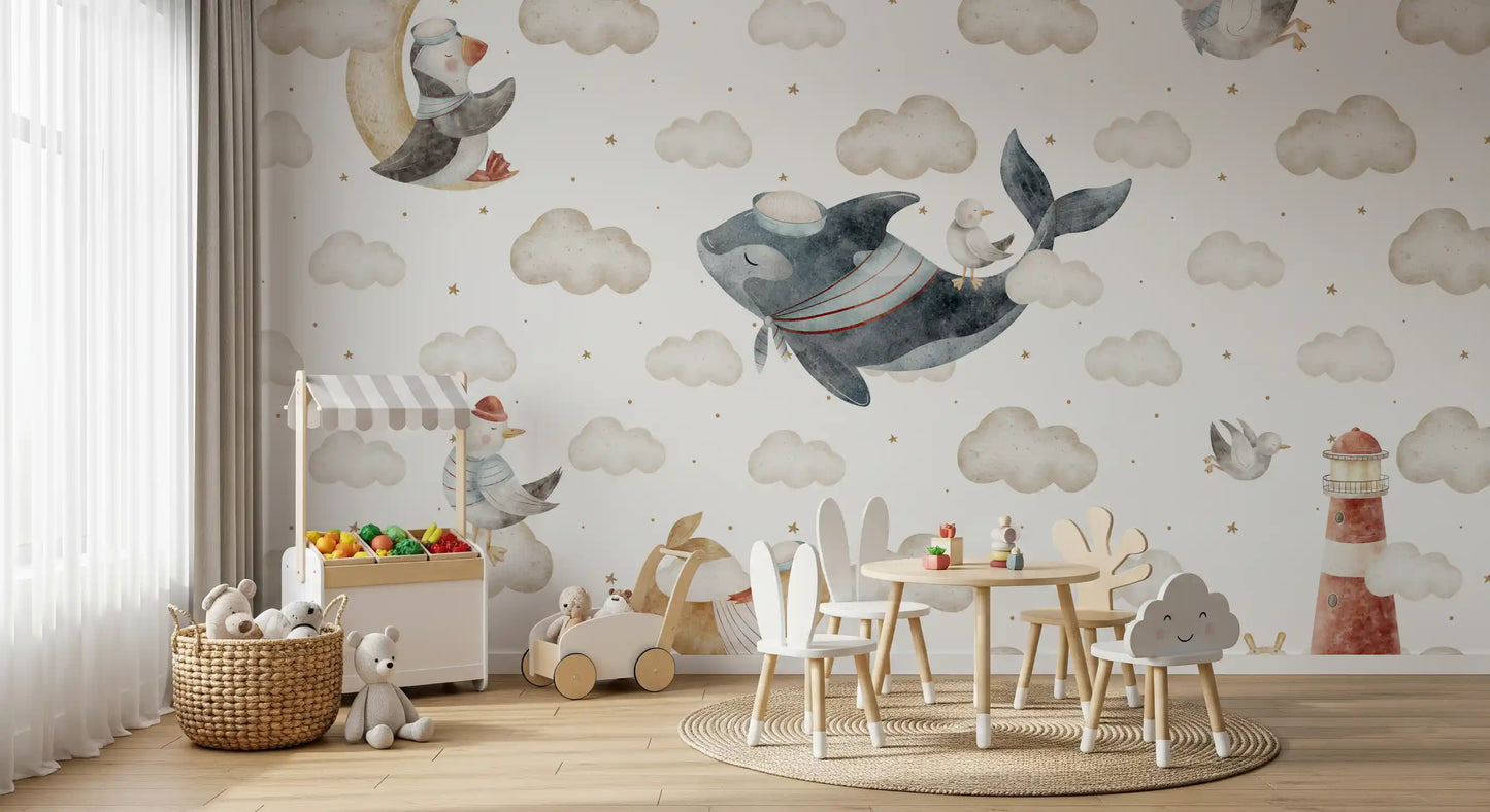 Cartoon narwhal wearing a sailor cap resting on a fluffy white cloud wall mural., GD10185