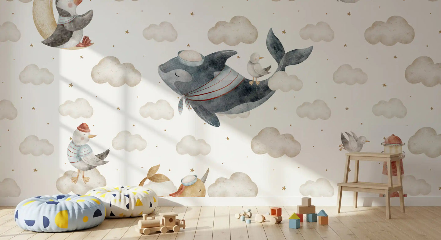 Friendly grey whale carrying a tiny bird in a soft cloudy sky wall mural., GD10185