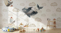 Friendly grey whale carrying a tiny bird in a soft cloudy sky wall mural., GD10185
