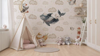 Red and white lighthouse beside a ship's wheel in a nautical mural for nursery., GD10185