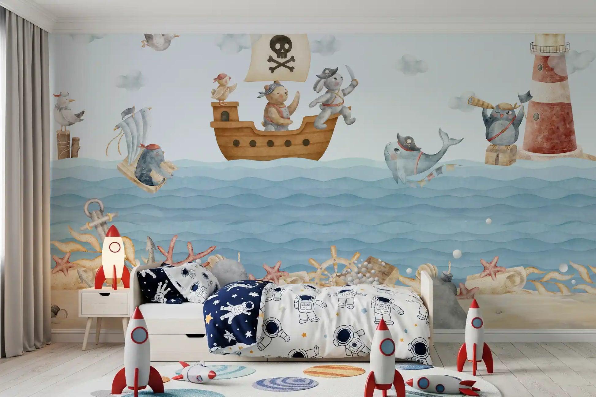 Seagulls wall mural in red bandanas flying above the ship and soft watercolor clouds., GD10186