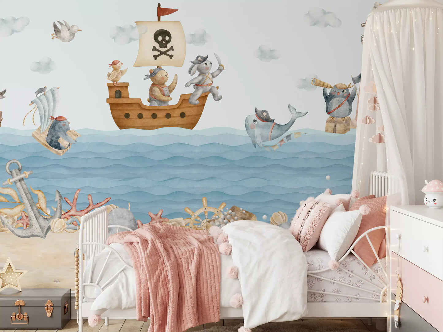 Grey whale wall mural with a pirate eye patch leaping beside the wooden ship in bedroom., GD10186
