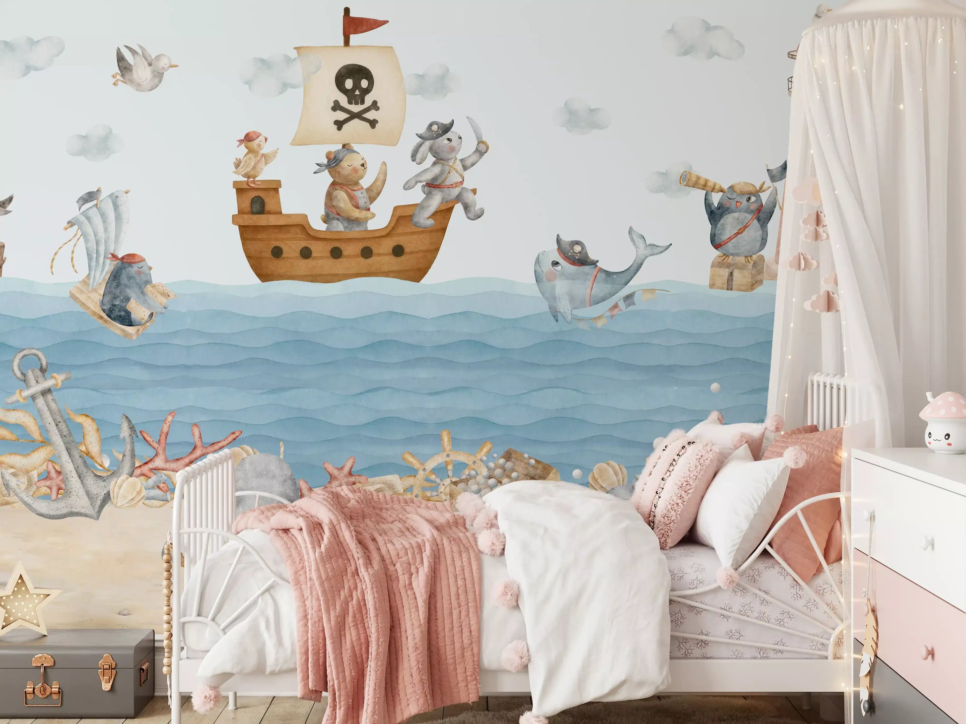 Grey whale wall mural with a pirate eye patch leaping beside the wooden ship in bedroom., GD10186