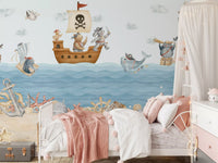 Grey whale wall mural with a pirate eye patch leaping beside the wooden ship in bedroom., GD10186