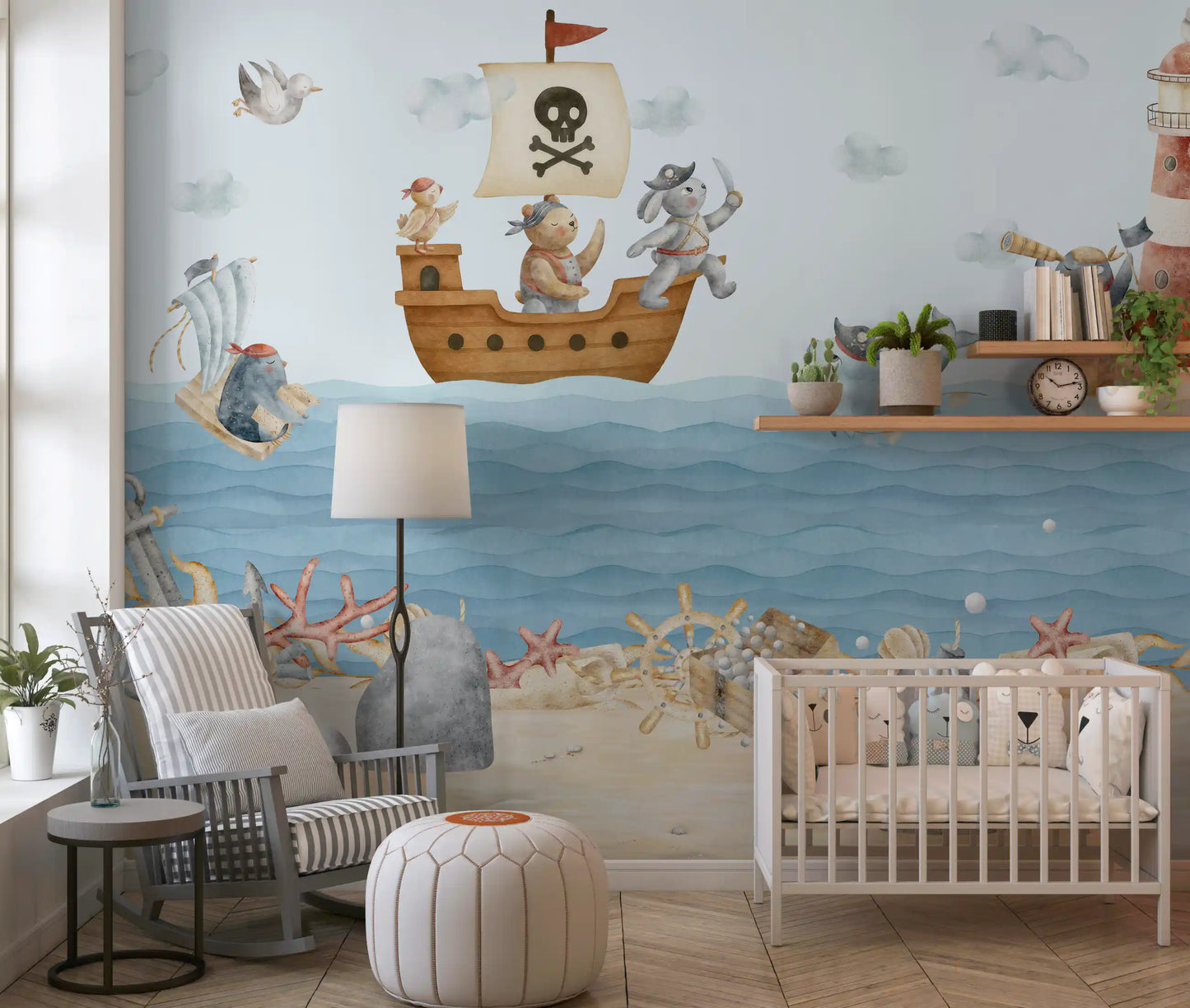 Pirate sea wall mural with ships and animals shown on a nursery wall., GD10186