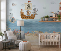 Pirate sea wall mural with ships and animals shown on a nursery wall., GD10186
