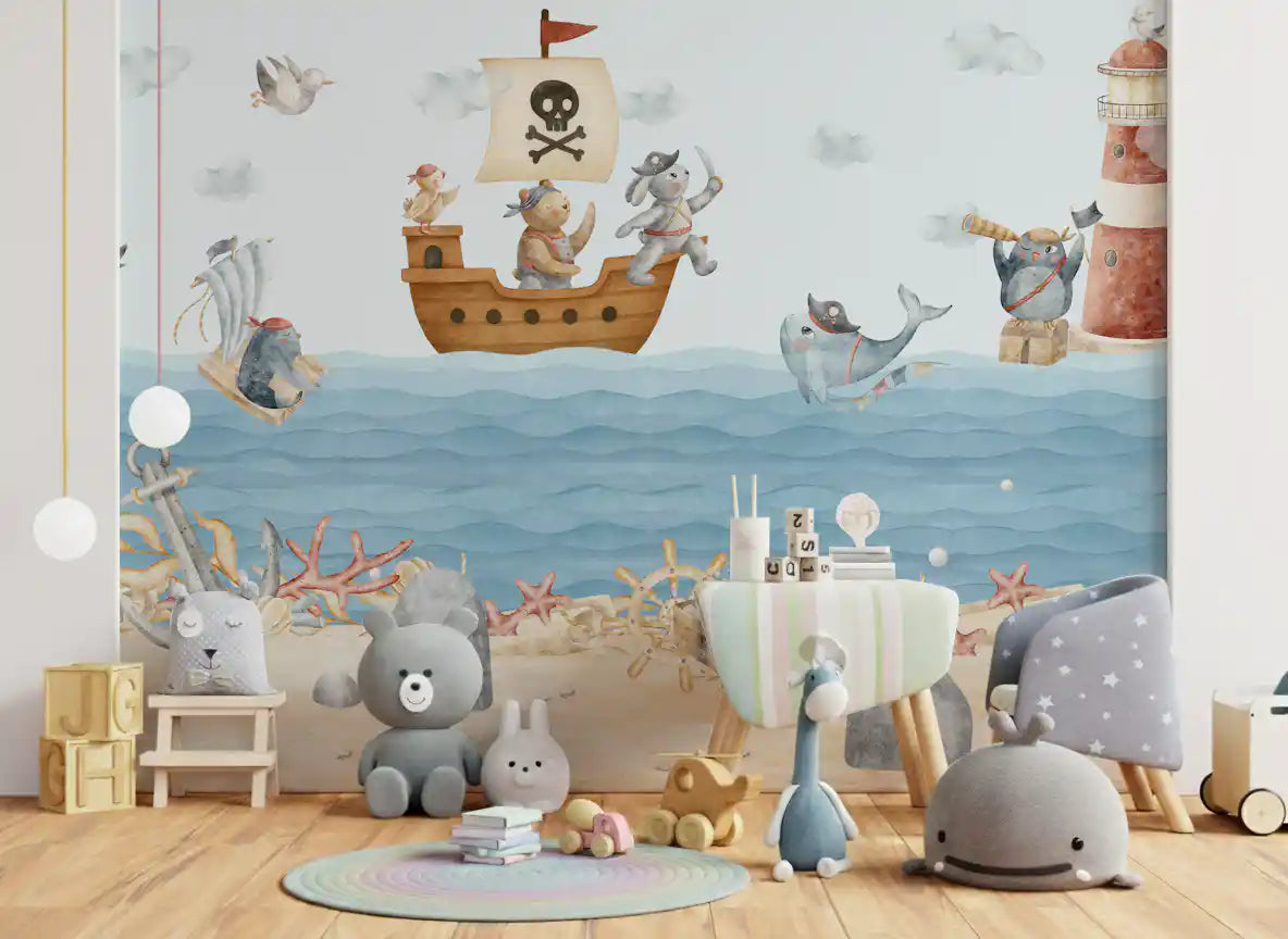 Nautical pirate wall mural used as a kids playroom feature interior., GD10186