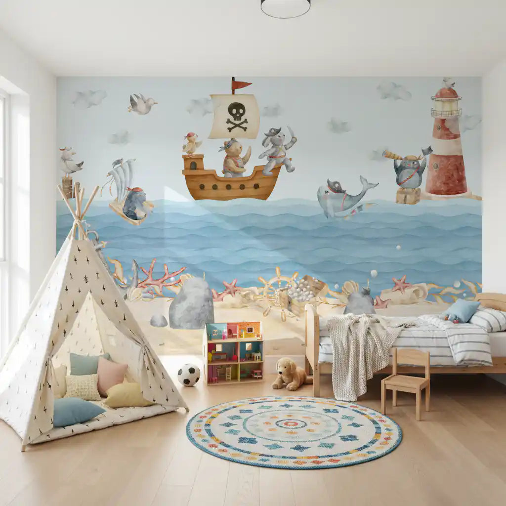 Sandy seabed mural with a grey anchor, red starfish, coral and a treasure chest of pearls., GD10186