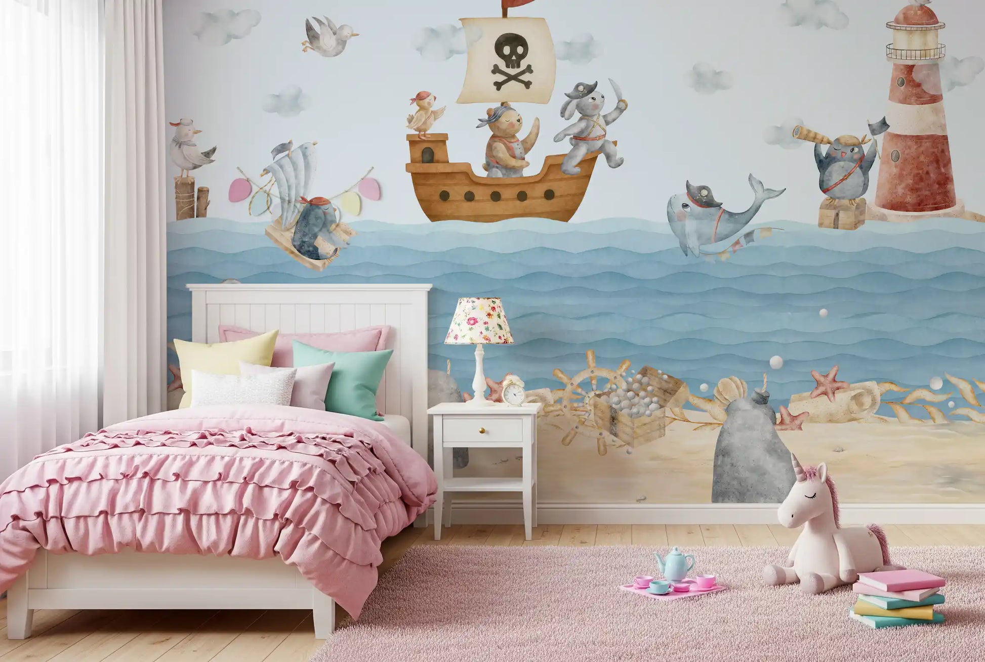 Small grey animal sailing a tiny boat wall mural with a patched sail near wooden posts., GD10186