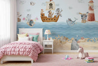Small grey animal sailing a tiny boat wall mural with a patched sail near wooden posts., GD10186