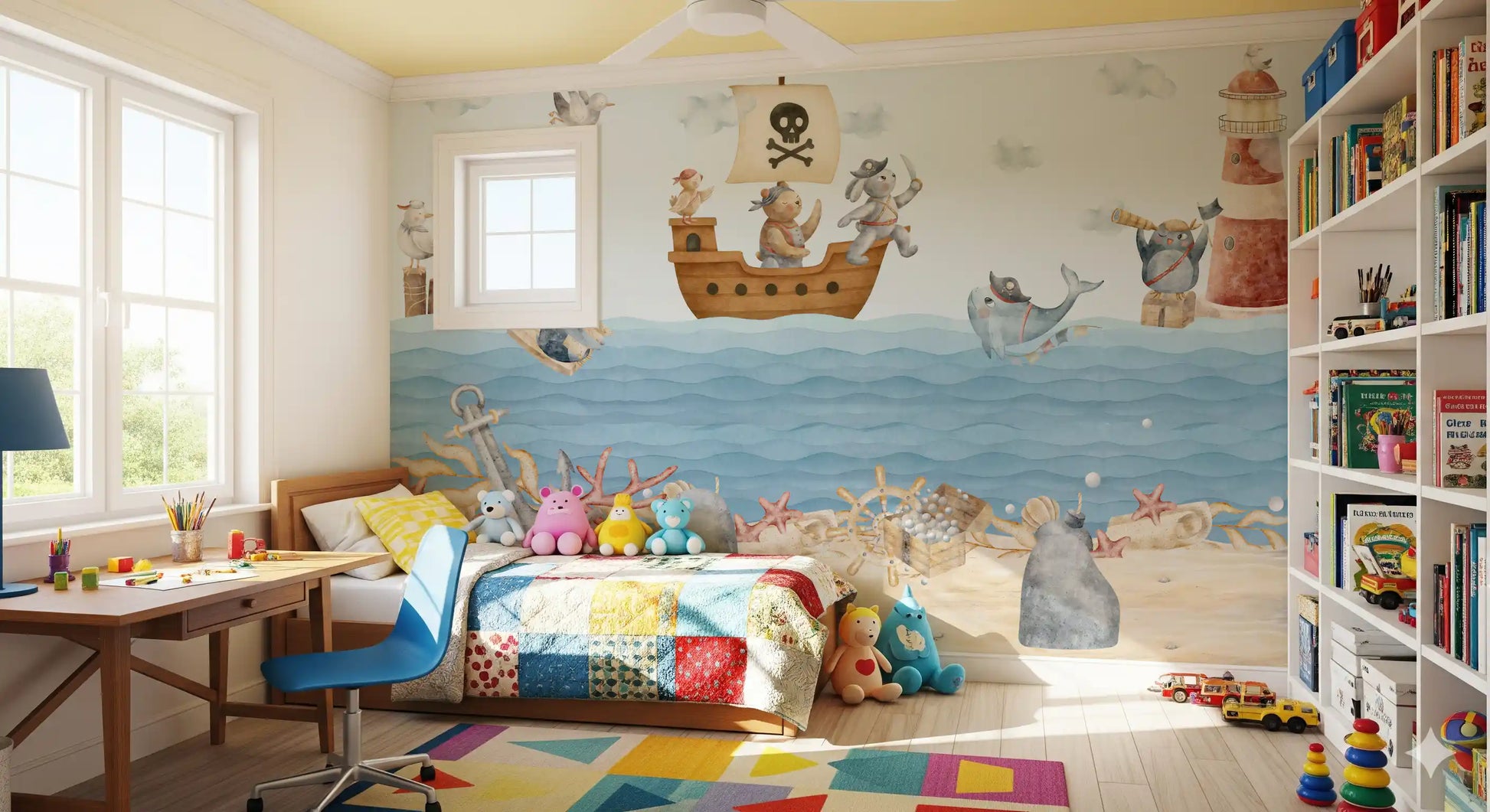 Soft blue and sand-toned nautical mural with a calm pirate sea scene for children bedroom., GD10186