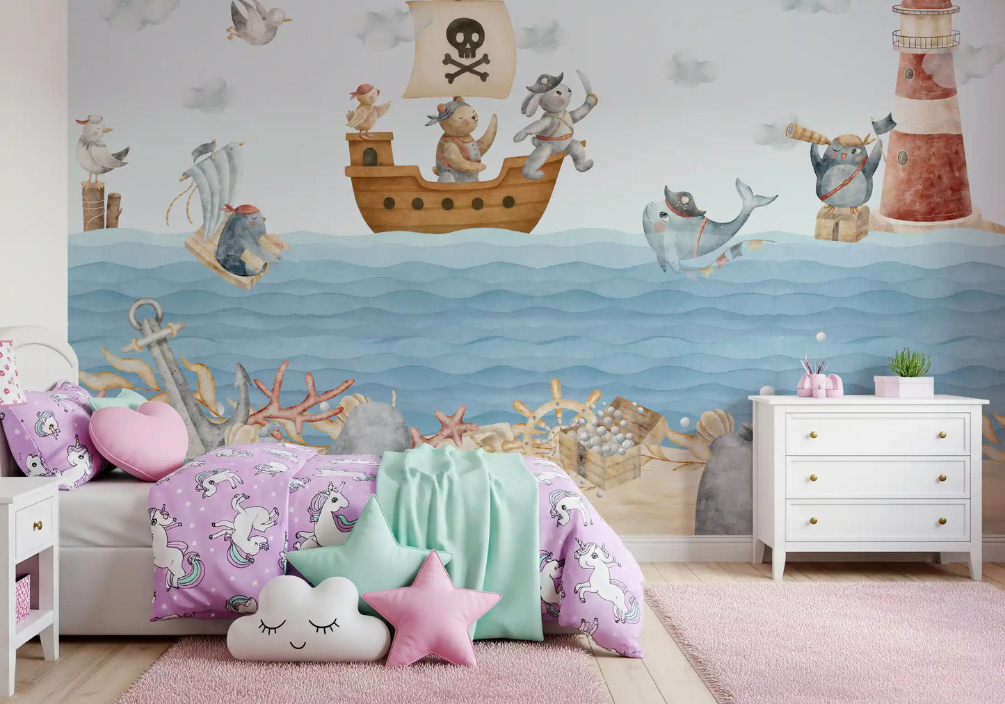 Watercolor pirate ship wall mural with a bear, a rabbit captain and a small bird across the sea., GD10186