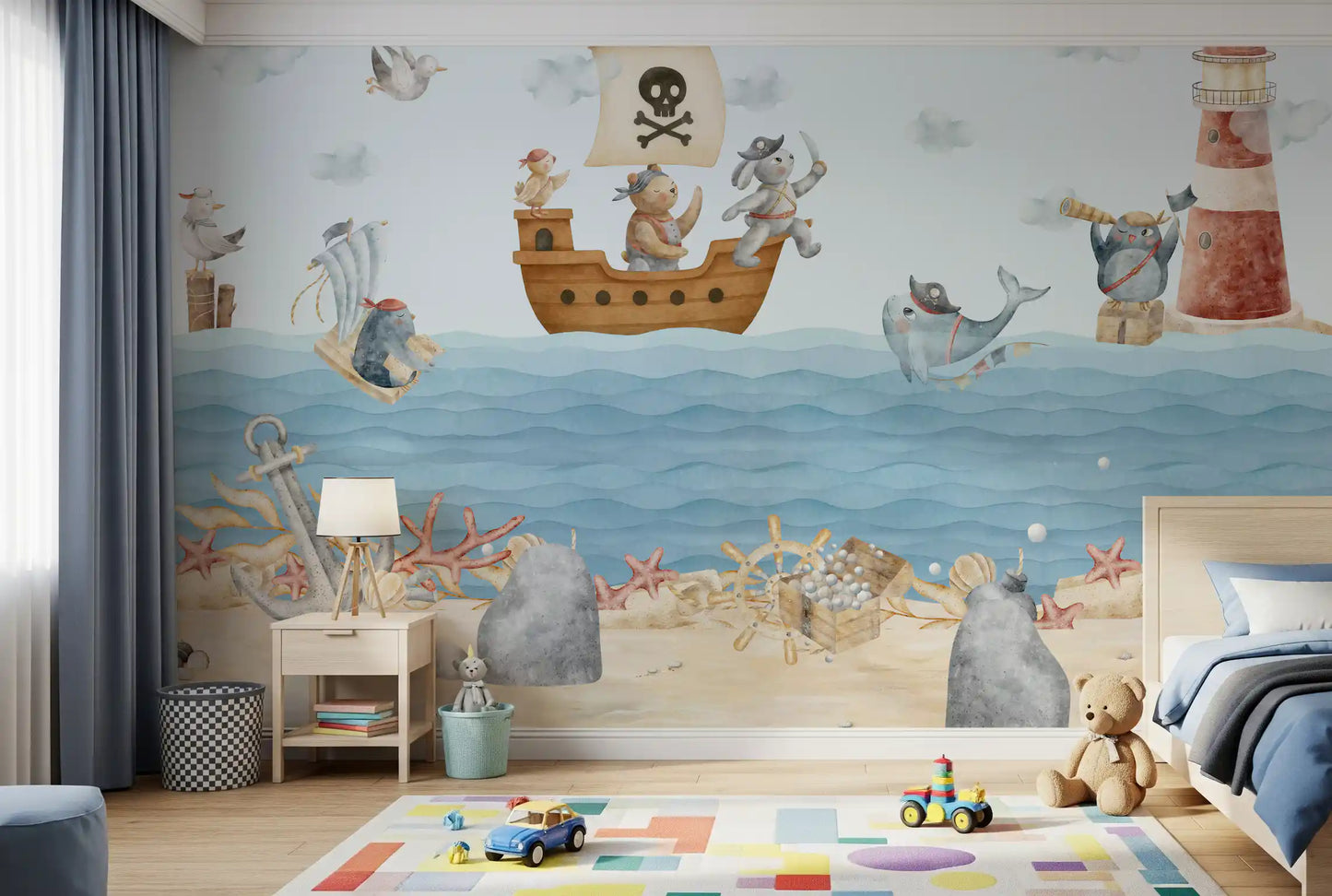 Red and white striped lighthouse mural with an owl holding a spyglass on the right, GD10186