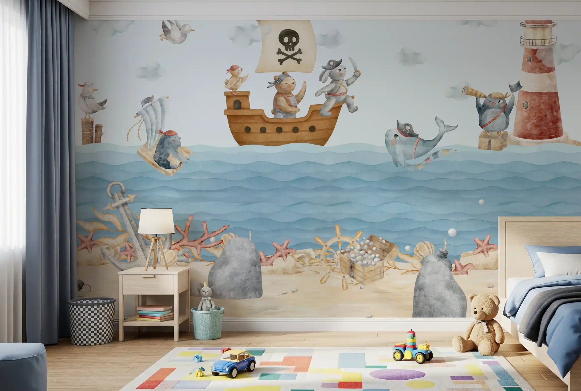 Red and white striped lighthouse mural with an owl holding a spyglass on the right, GD10186