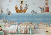Nautical Friends Ahoy wall mural with a pirate ship and skull flag on blue ocean waves in kids bedroom., GD10186