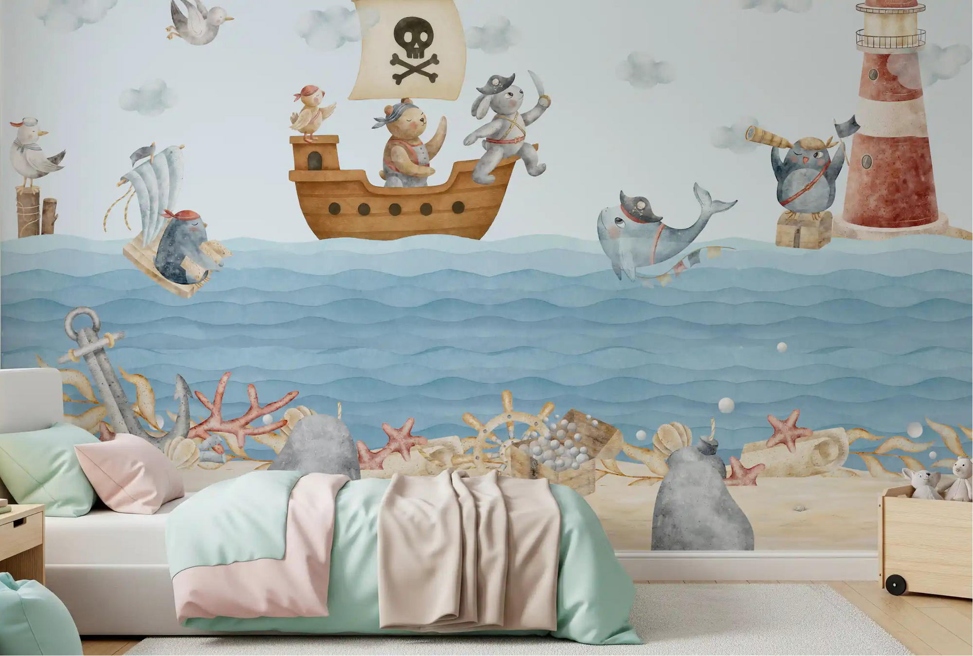 Nautical Friends Ahoy wall mural with a pirate ship and skull flag on blue ocean waves in kids bedroom., GD10186