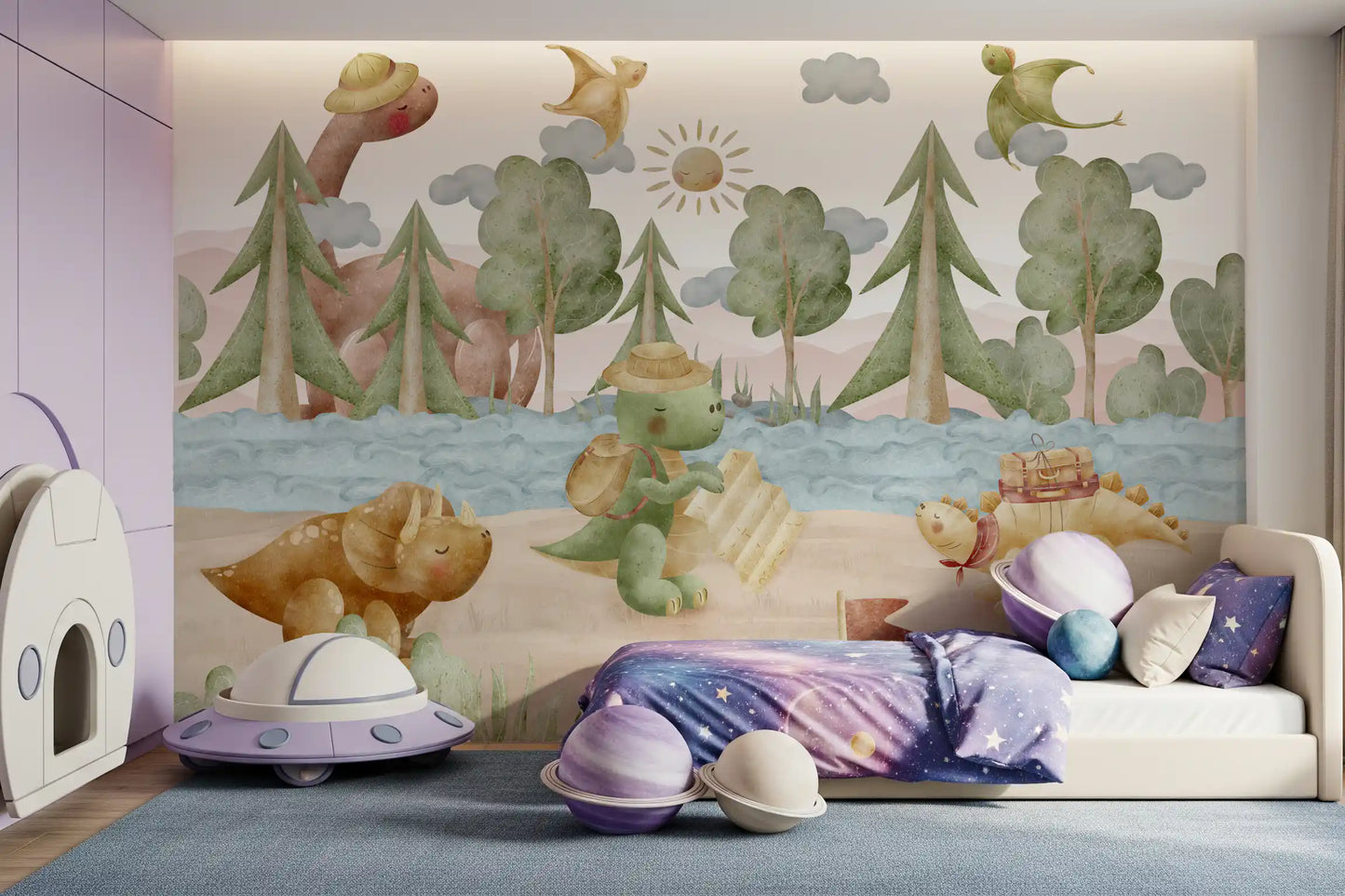Friendly stegosaurus carrying a tiny travel case on a pastel dino journey mural., GD10187