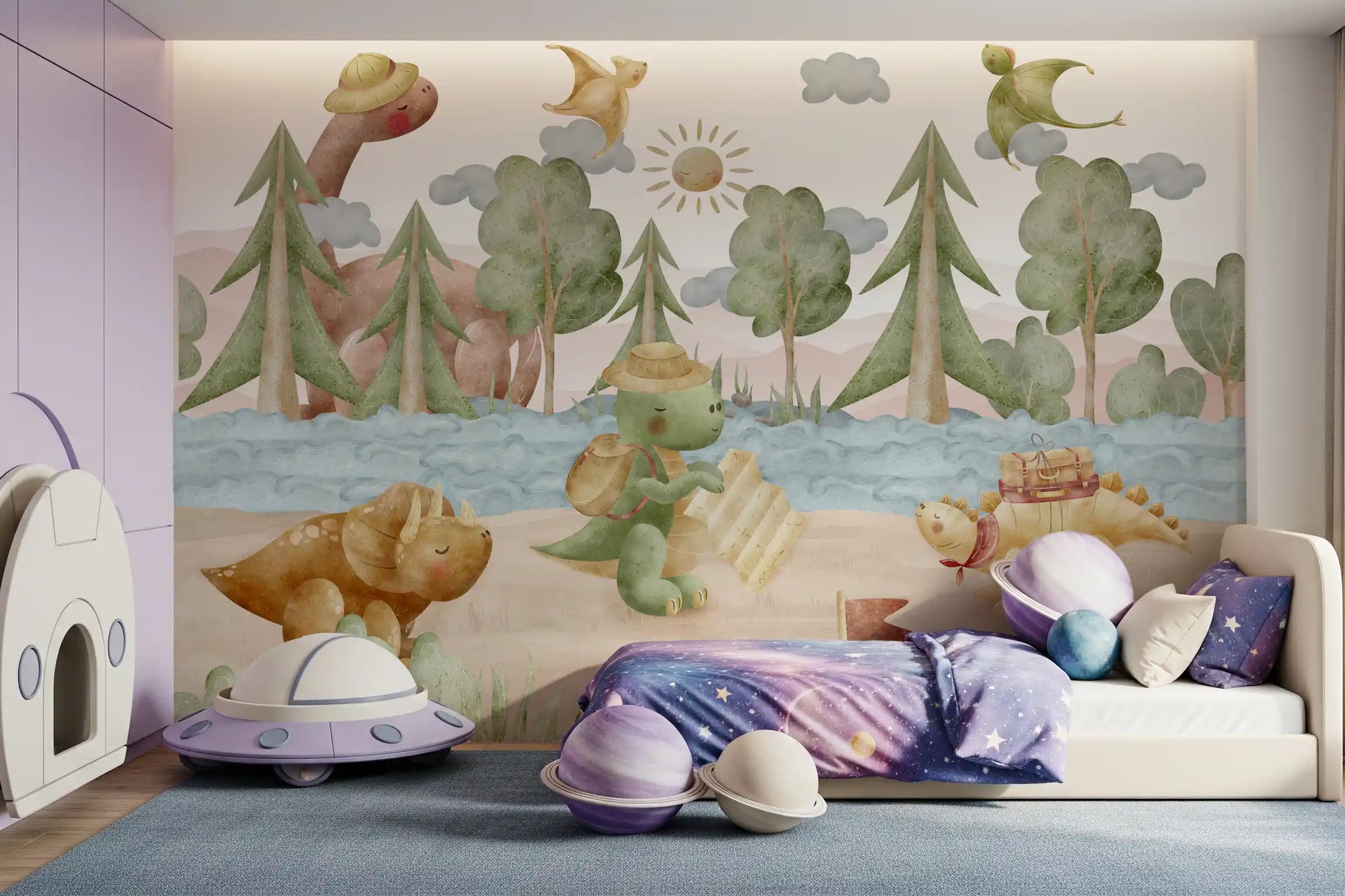 Friendly stegosaurus carrying a tiny travel case on a pastel dino journey mural., GD10187
