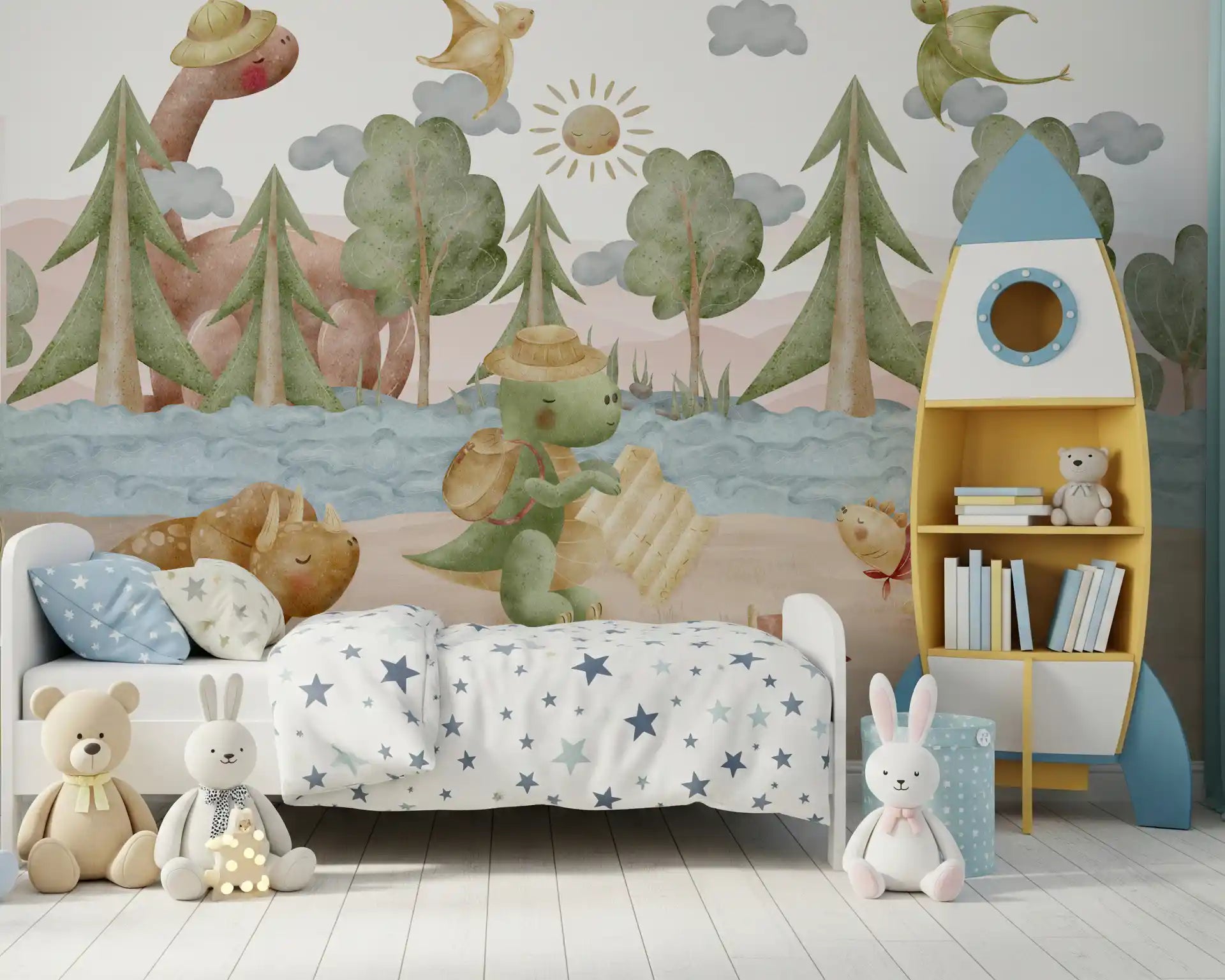 Small red trail flag and a winding blue river in a soft prehistoric scene mural  in kids bedroom., GD10187