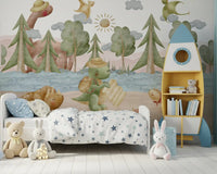 Small red trail flag and a winding blue river in a soft prehistoric scene mural  in kids bedroom., GD10187