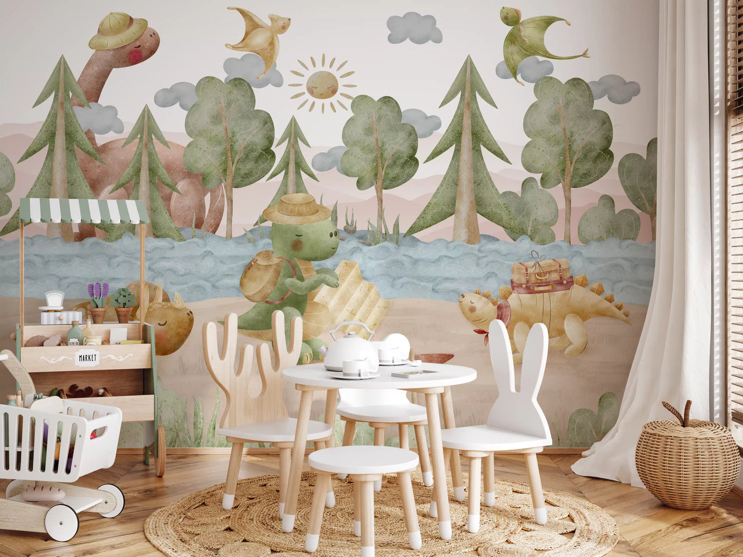 Muted sage, sand, and dusty-pink dinosaur mural with hills and pine trees., GD10187