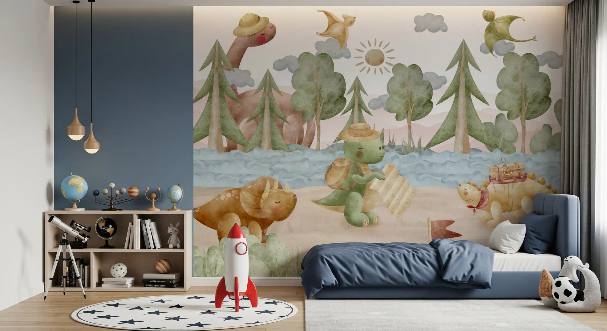 Soft watercolour dinosaur mural shown on a kids' bedroom wall., GD10187