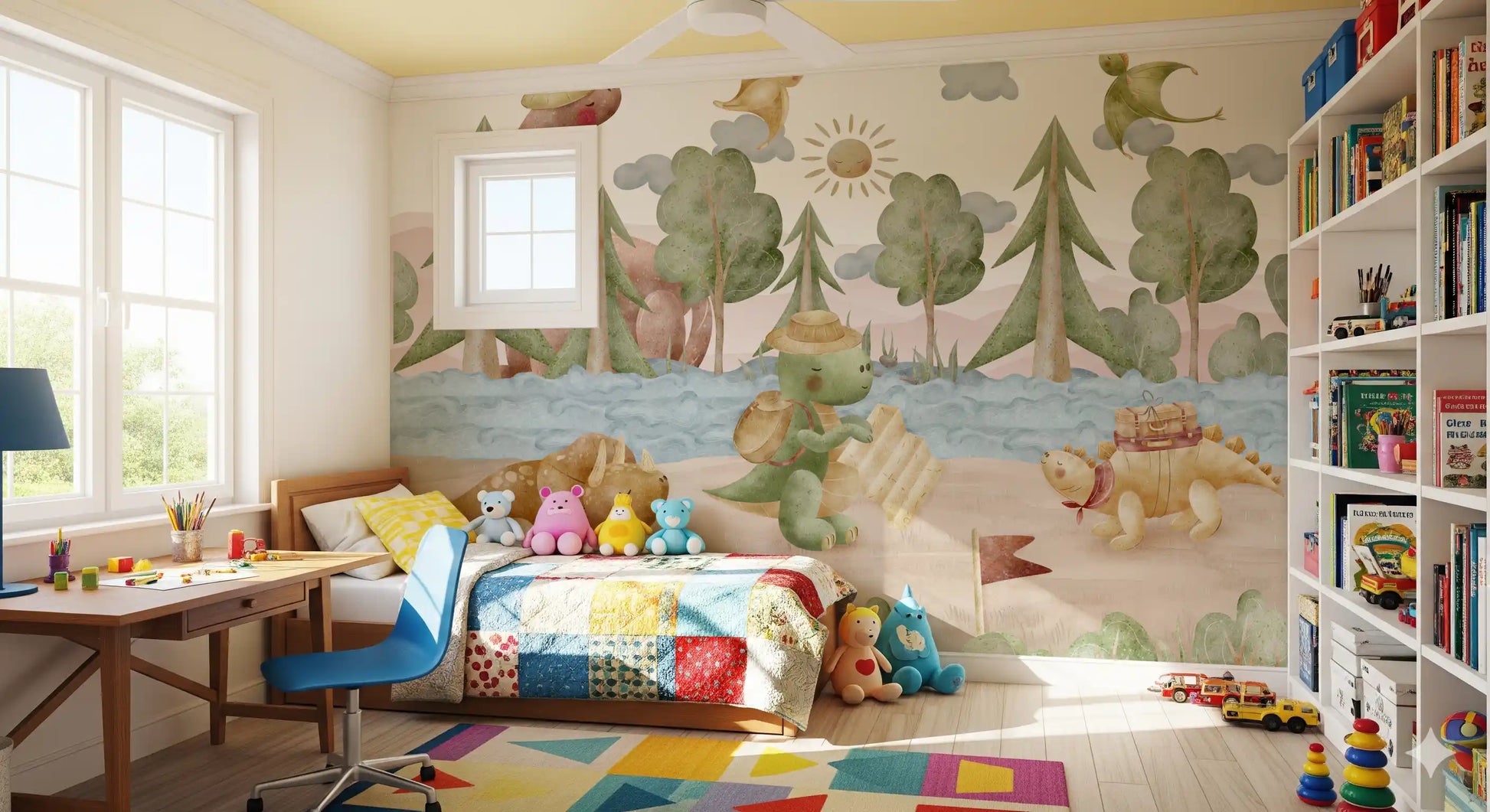 Little dino explorer's journey mural styled as a calm bedroom feature wall., GD10187