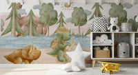 Watercolour dino explorer wall mural with a long-necked dinosaur and pine trees in nursery., GD10187