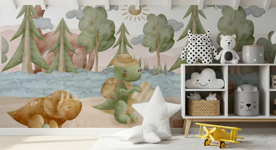 Watercolour dino explorer wall mural with a long-necked dinosaur and pine trees in nursery., GD10187